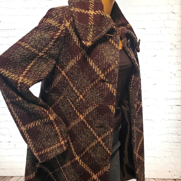 Larry Levine Grey and Maroon Wool Check Pea coat - Picture 4 of 8